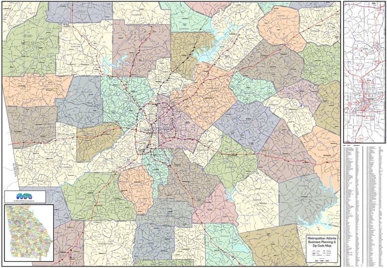 Zip Code Map Of Atlanta Atlanta Metro Wall Map Large, Zip Codes, Laminated