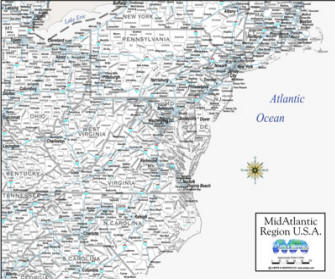 Digital map Mid Atlantic USA white with highways