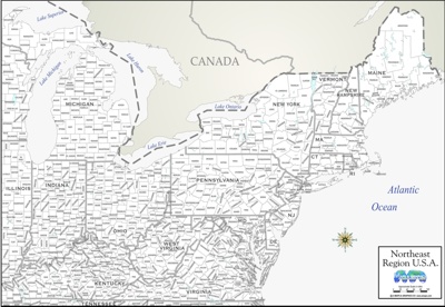 High resolution county outline map image of NE USA