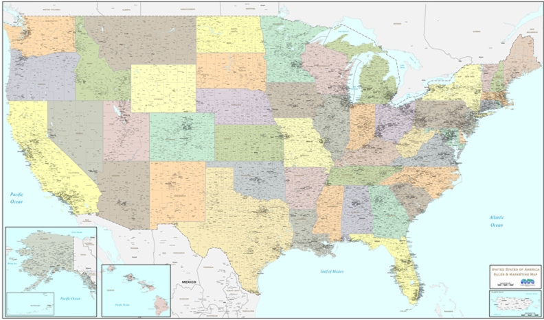 United States laminated wall map with counties and cities for sales office