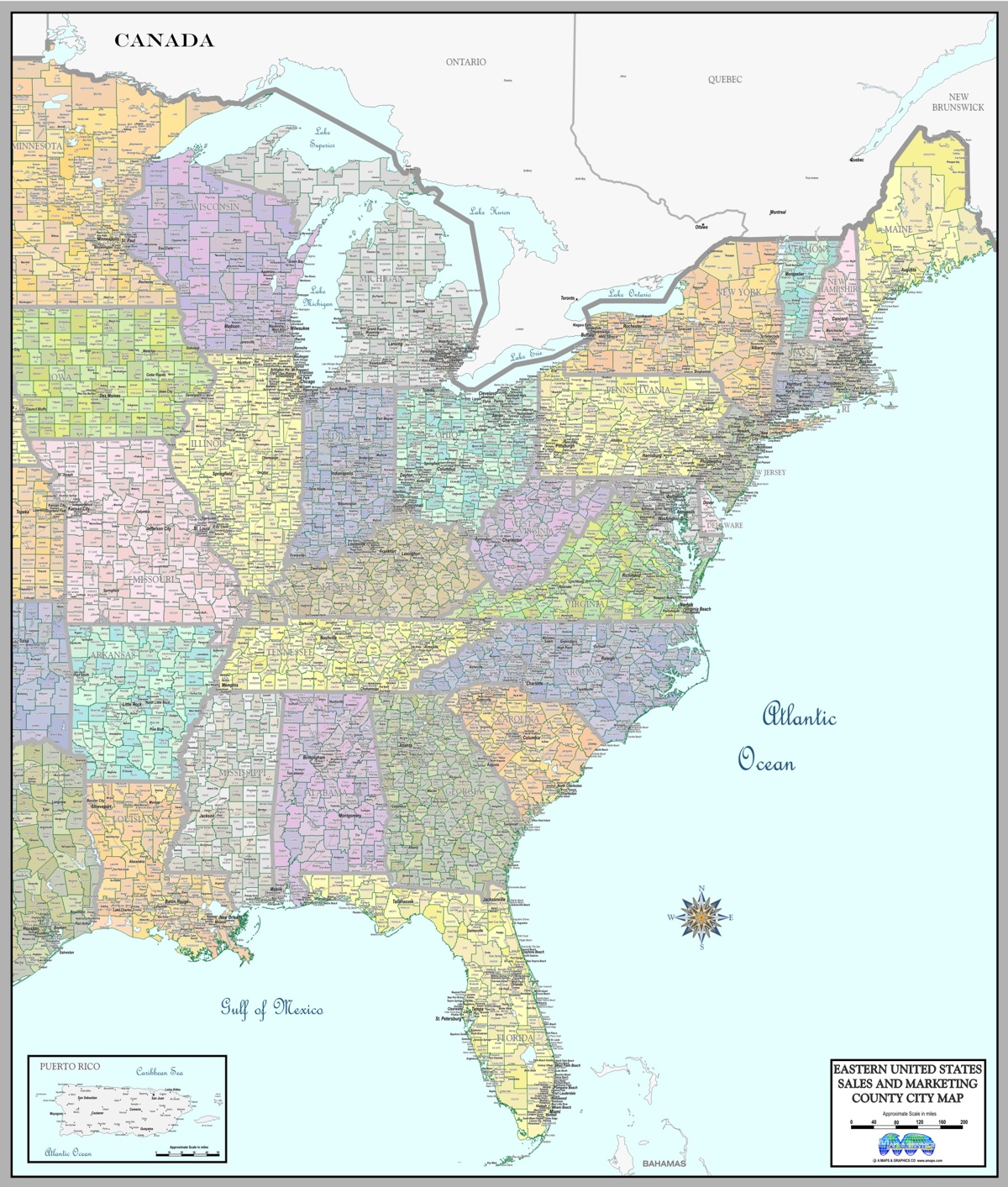 Wall map Eastern US color county by state