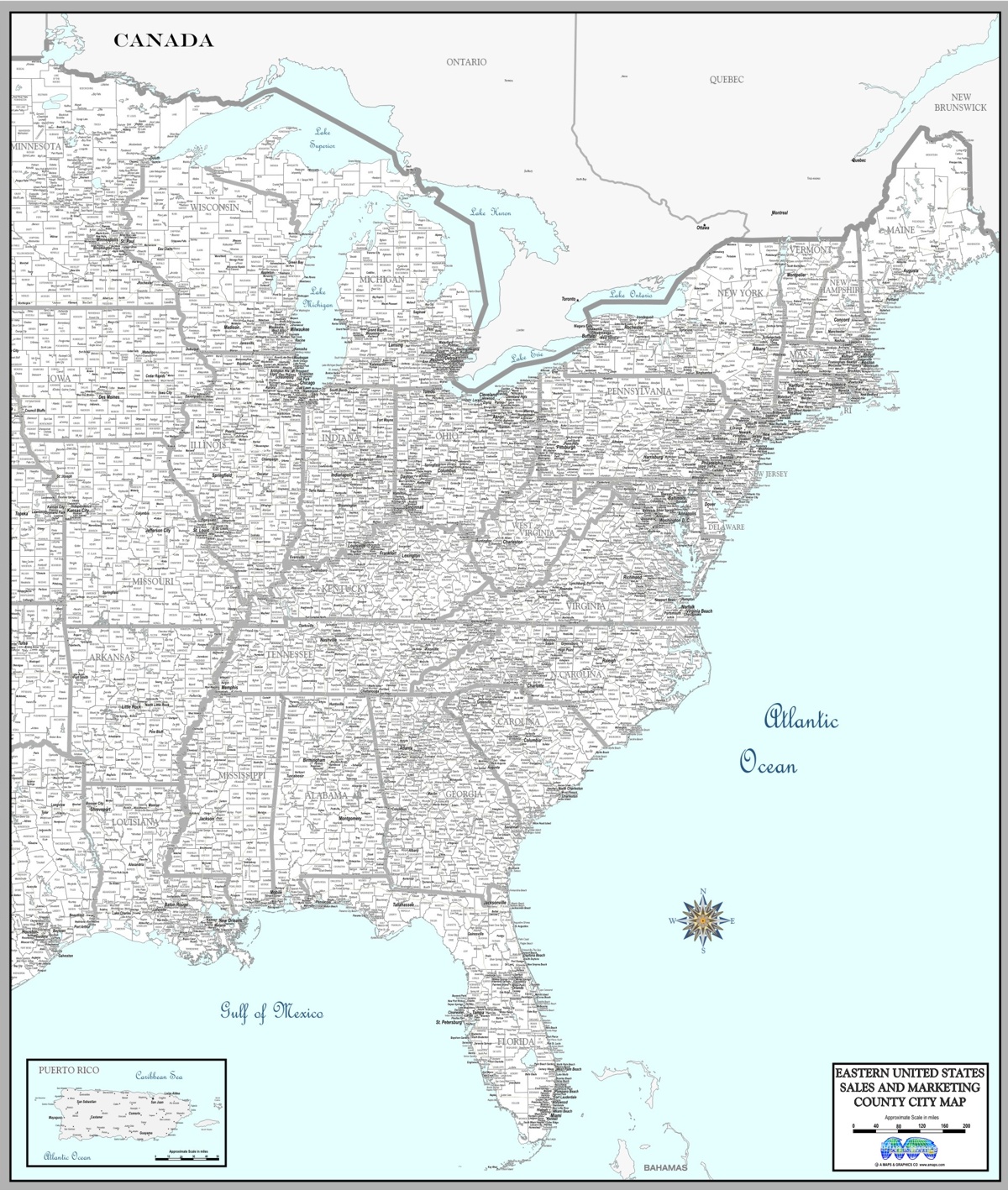 Map of Eastern half USA black/white
