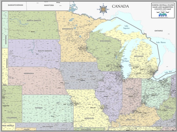 North Central county town wall maps