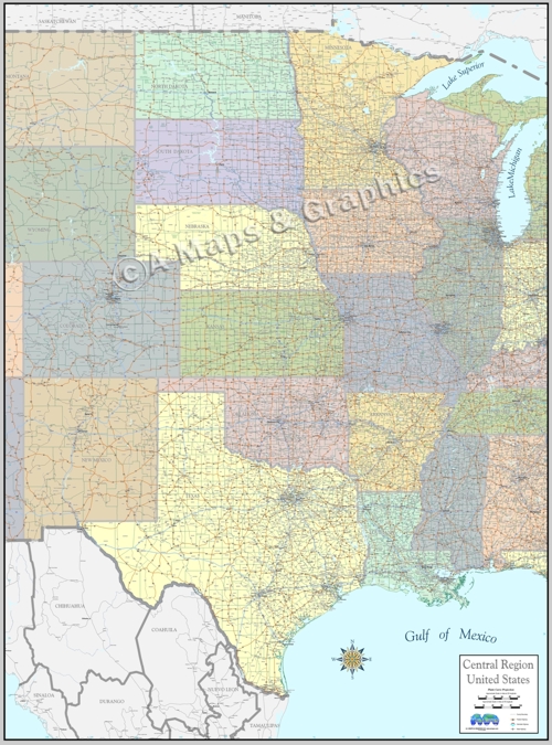 Central States US laminated wall map for business