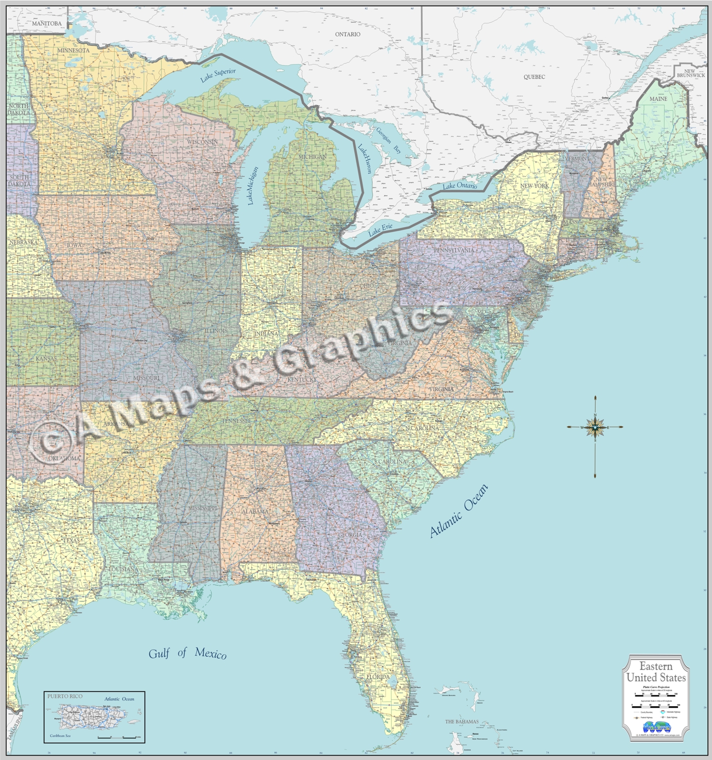 Eastern Half US laminated large wall map