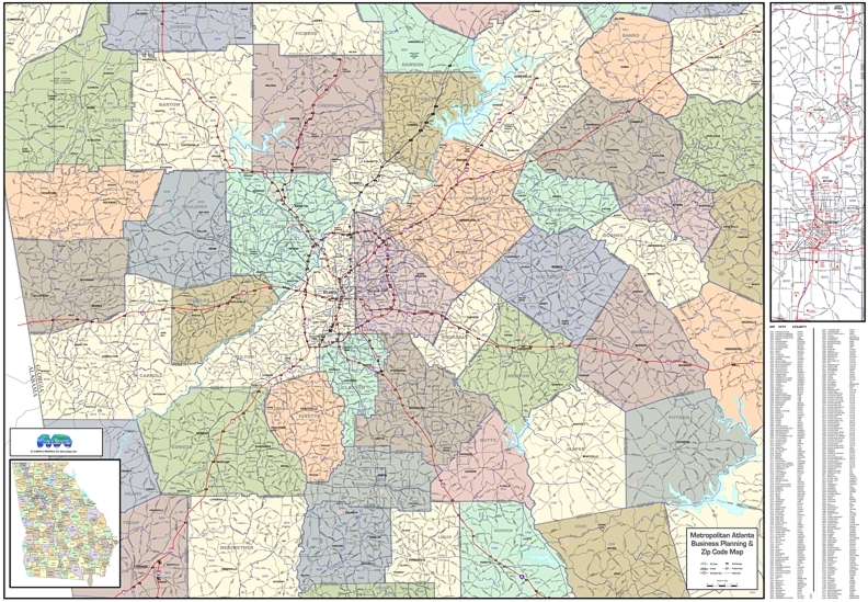 Metro Atlanta Zip Code Map ATLANTA METRO WALL MAP Large, Zip codes, laminated