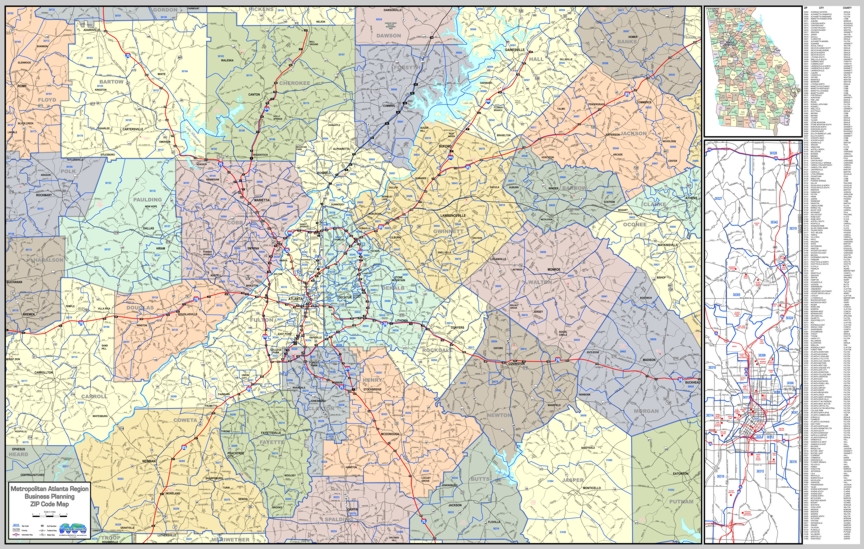 City Of Atlanta Zip Code Map WALL MAP METRO ATLANTA REGION LAMINATED