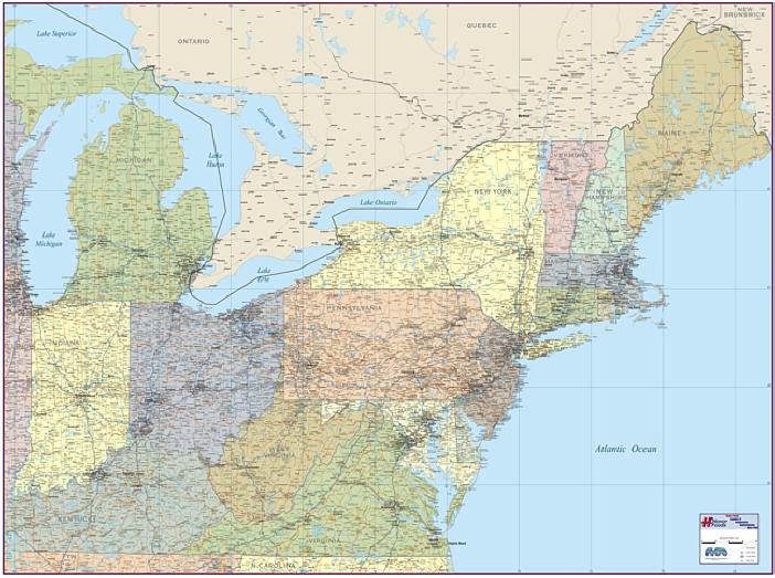 WALL MAP OF NORTHEAST REGION UNITED STATES