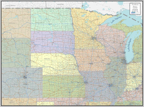 DETAILED WALL MAP of North Central USA Midwest