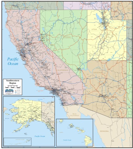 WALL MAP OF PACIFIC SOUTHWEST