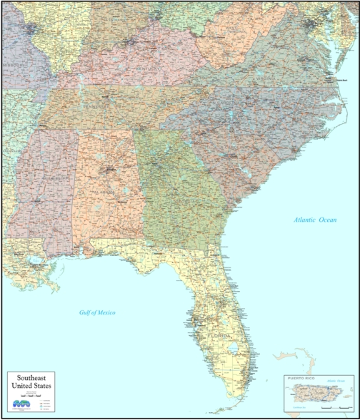 Southeast Atlantic States Region laminated wall map