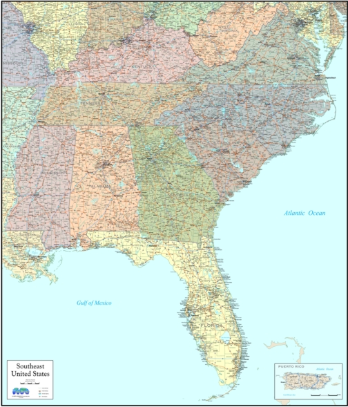 Wall Map Of Southeast Atlantic States Market Southeast Map | Images and ...