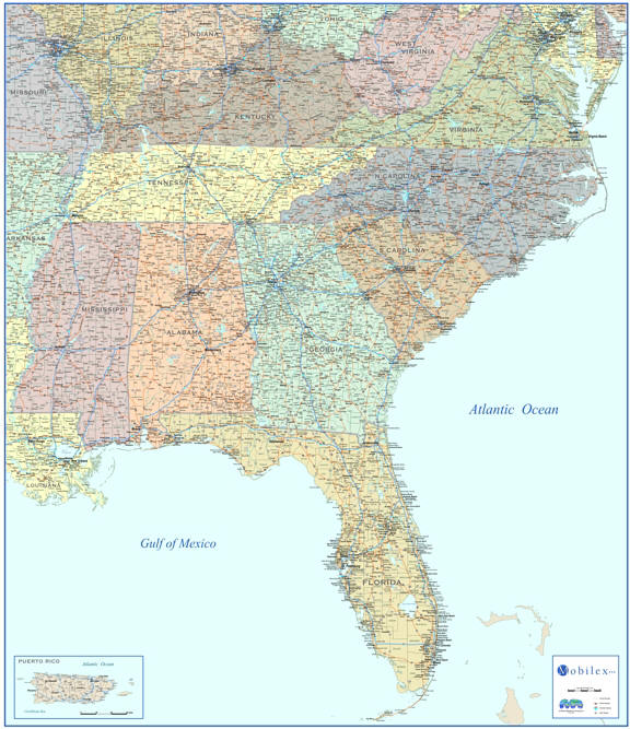 New Southeast Atlantic Region Laminated Wall Map detailed