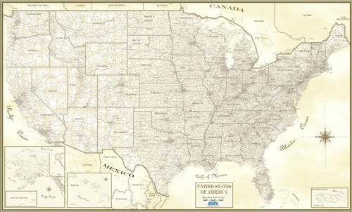 Same current County City USA map antique styled "rustic"