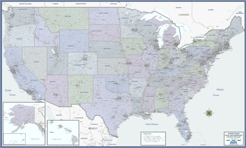 US counties & cities map - decorator "cool colors" blues