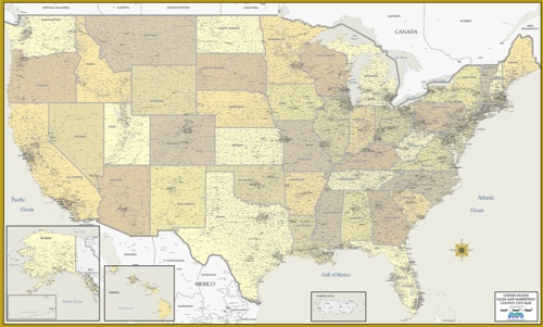 Designer warm colors map in golds tans USA wall map