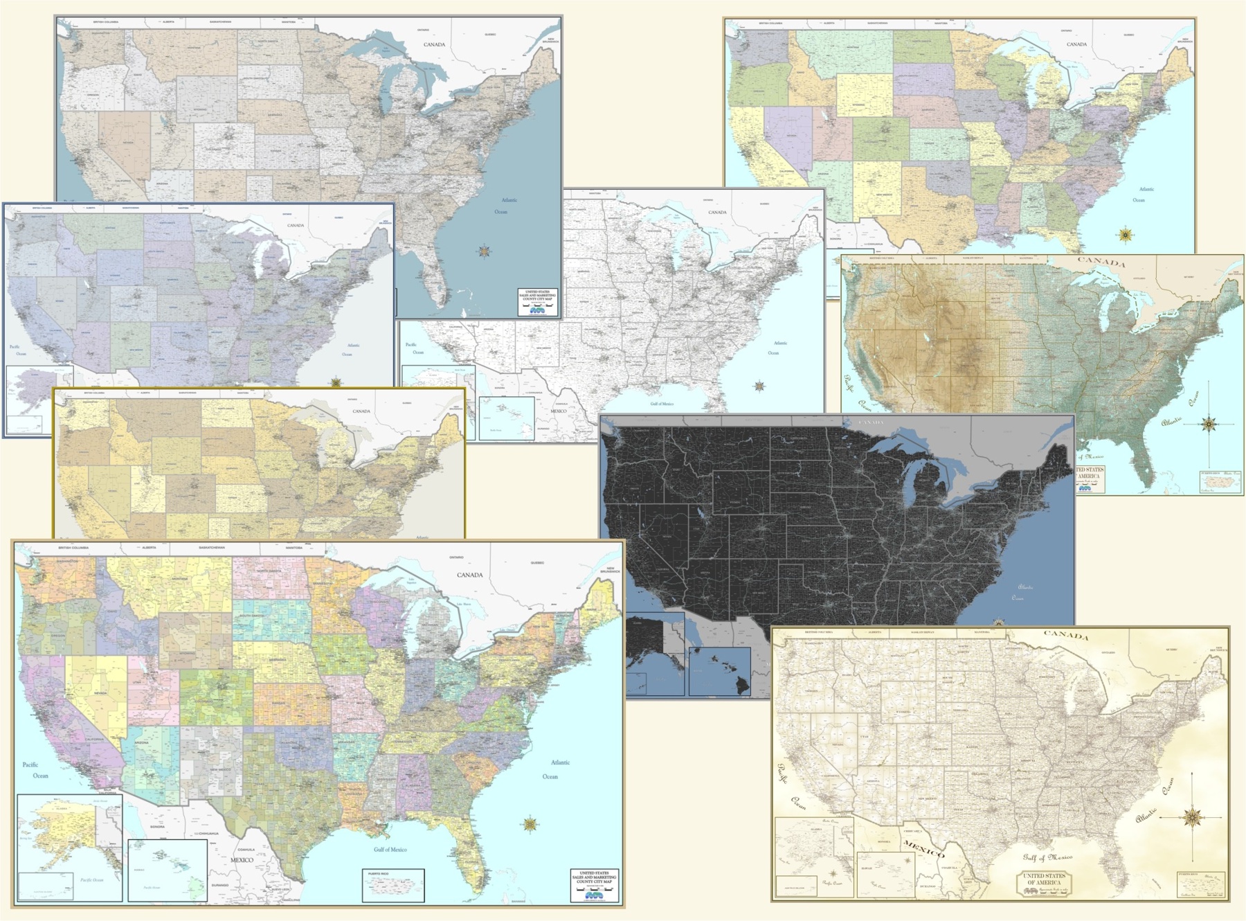 New Sales and Marketing office wall maps with counties and cities