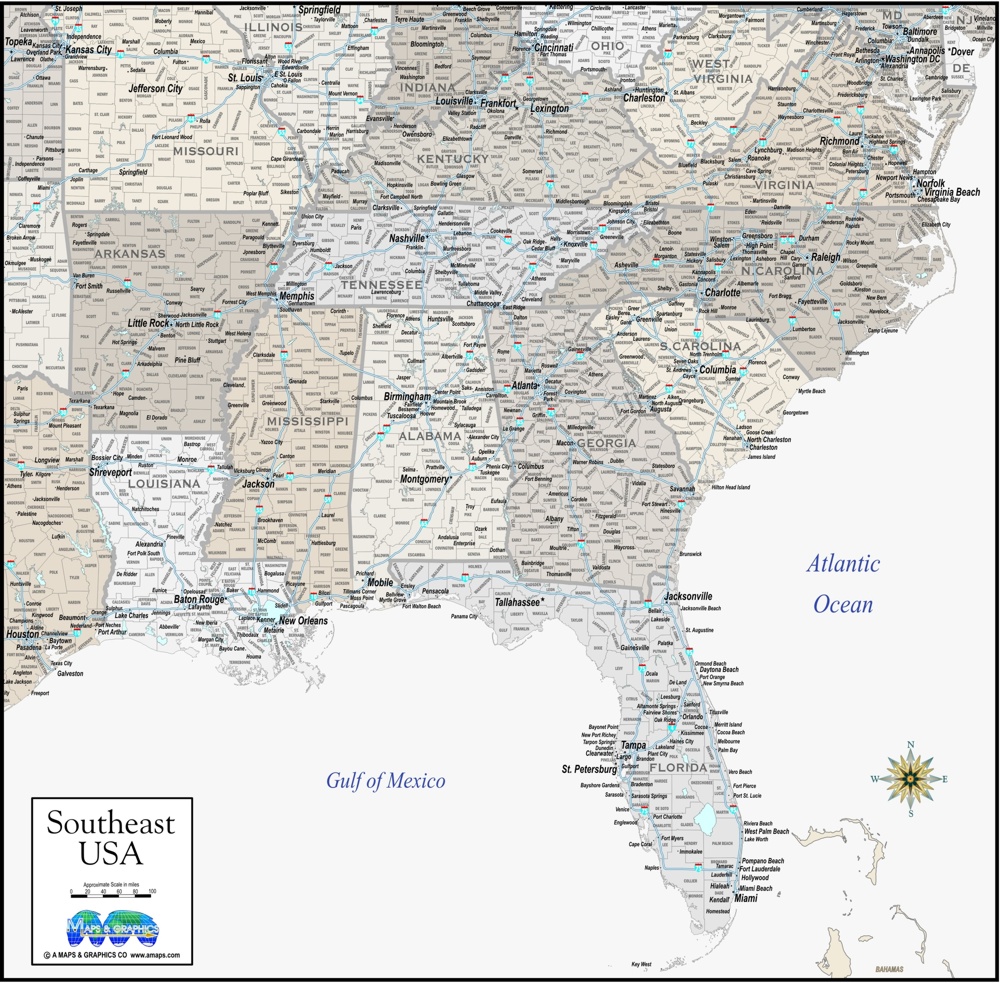 Southeast United States Region Map in greige