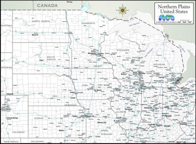 Northern Plains map with highways and cities