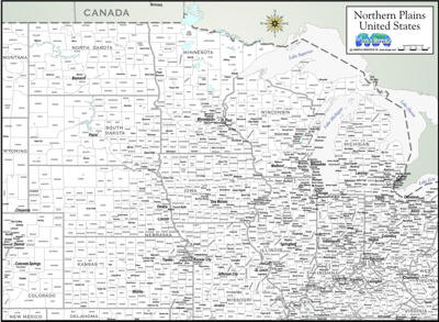 Download map of Northern Plains States with cities and counties