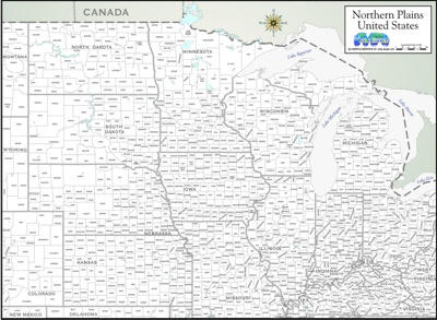 Digital map of Northern plains states with just counties