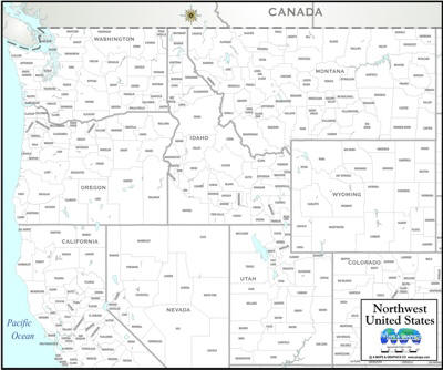 Download Black White NW USA map county outlines, names
