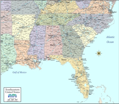Download southeast US map color counties, cities, hwys
