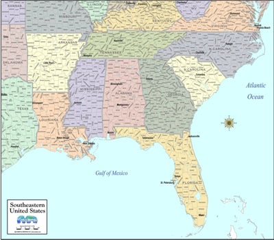 Download map Southeast US color states, counties, major cities