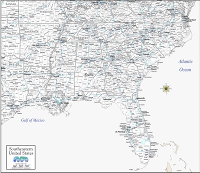 Download  Southeast US map white- counties and interstates