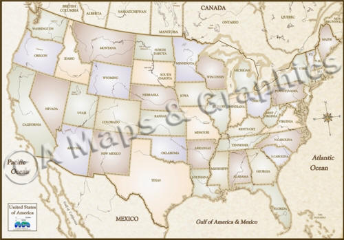 USA map antique color state outlines and names