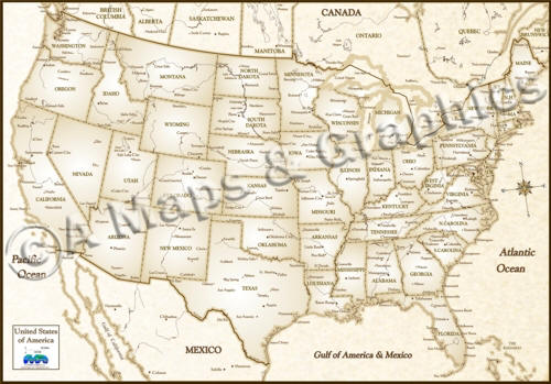 USA map antique style parchment coloring