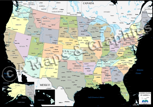 USA map pastel states black oceans