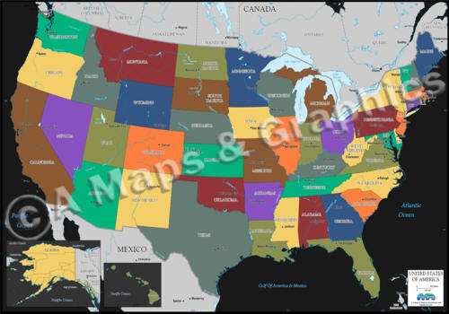 USA dark color states, black oceans, capitals