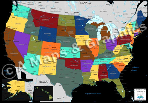 USA high-res digital map with Dark color states, Black oceans and lakes