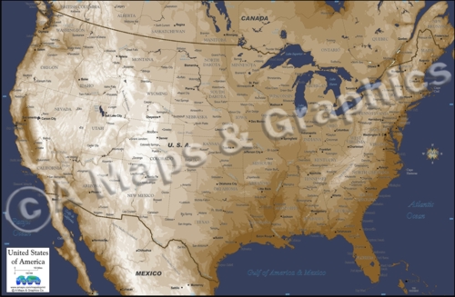 Tan shaded USA map with navy oceans
