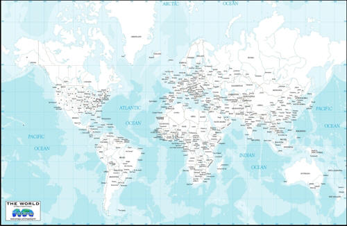 World Map download digital image-White Countries, cities, ocean depths